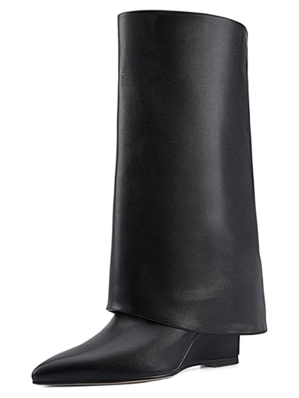 Women's Fold Over Knee High Boots, Pointed Toe Pull On Wedge Heel Boots